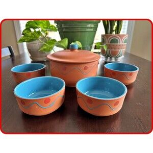 Himark Teracotta Covered Pot  & 4 Bowl Set Glazed Blue & Orange Portugal